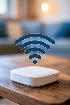 Modern White Wi-Fi Router Device on Wooden Table with Wireless Signal Icon Overlay
