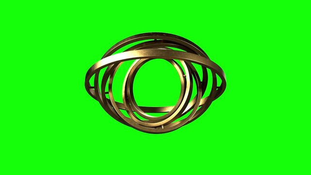 3D Abstract Polished Brass Geometric Rings Rotating on Green Screen Background Loop