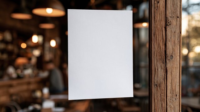Blank white paper sign attached to rustic wooden door of a cozy cafe interior with warm ambient lighting