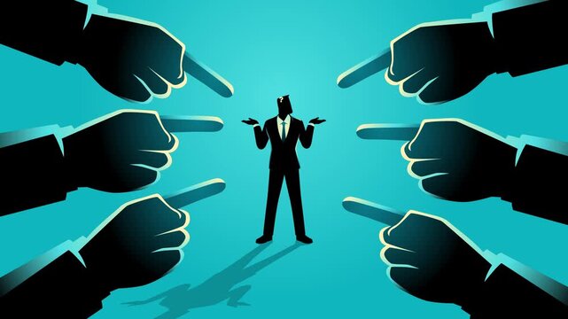 Confused businessman surrounded by pointing fingers, symbolizing blame, scapegoating, criticism, and workplace pressure.