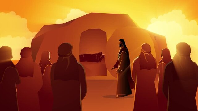 Jesus raises Lazarus from the dead as his followers watch in awe, depicted in a dramatic biblical scene with warm cinematic lighting.
