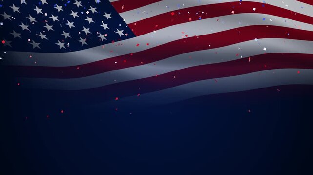 Waving American flag with falling confetti creates a patriotic celebration background for holidays, events, elections and national occasions.