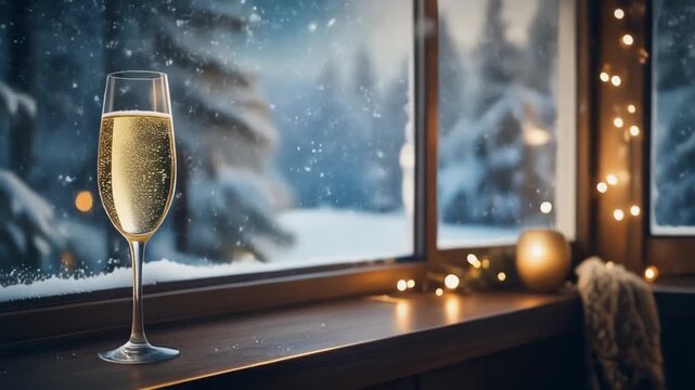 Elegant Champagne Glass on Windowsill Overlooking Snowy Winter Forest Background, Cinematic Full HD Motion Lifestyle Video