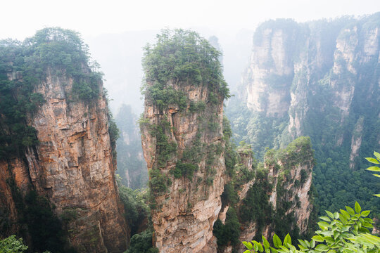 Towering sandstone pillars emerge from mountain mist at Zhangjiajie National Forest Park in China