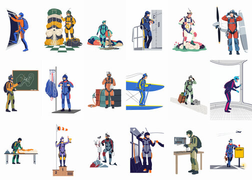 Detailed pixel art illustrations of various military and aerospace personnel, including pilots, technicians, and instructors in different operational scenarios.
