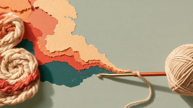 Layered cut paper illustration of a crochet hook drawing a loop from a paper coastline in a calm balanced composition with room for text