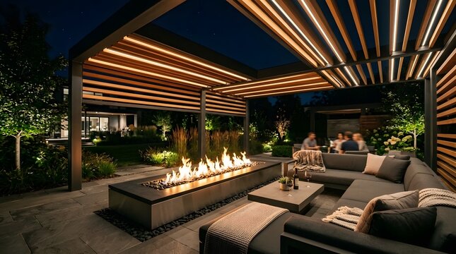 Pergola combined with recessed LED slat lighting surrounding an elegant linear fire feature within a contemporary gathering space, sophisticated night ambience balancing warm flames with refined LED a