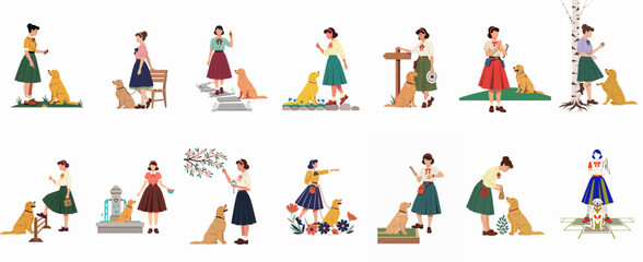 Fototapeta premium Set of flat vector illustrations depicting a young woman interacting with her golden retriever dog in various lifestyle and outdoor scenes.