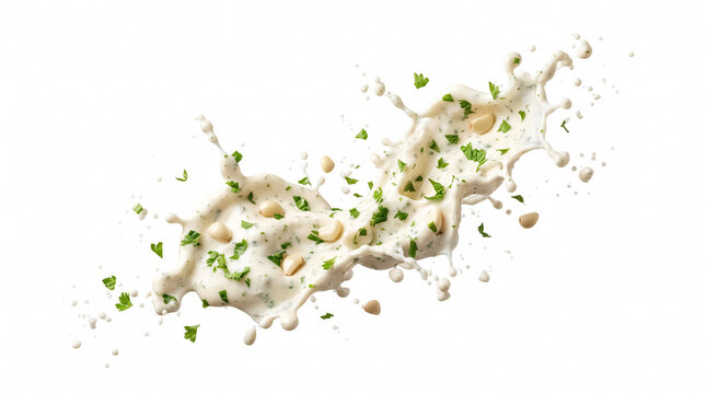 Dynamic splash of creamy white sauce with pine nuts and fresh chopped herbs, isolated on white background
