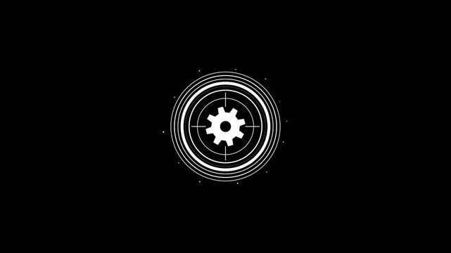Futuristic white glowing gear settings icon inside dynamic rotating concentric HUD circles for high tech user interface motion graphics 4K animation alpha chanel