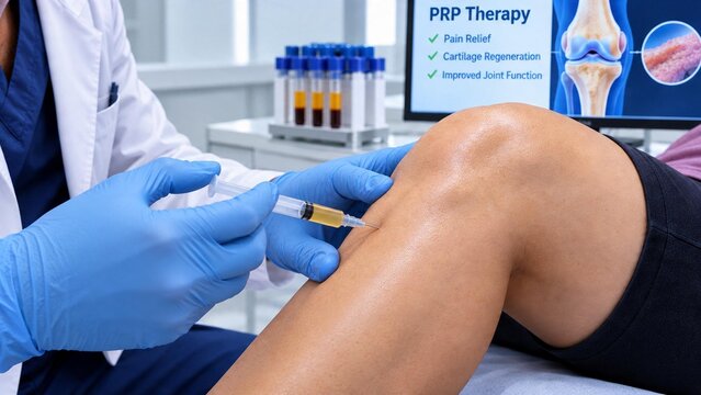.Orthopedic doctor in blue gloves performing a platelet-rich plasma (PRP) injection into a patient's knee. Regenerative medicine therapy for joint pain relief and cartilage regeneration. Clinic .