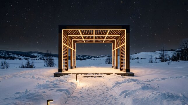Pergola combined with recessed LED slat lighting standing within an expansive winter landscape covered in pristine snow beneath a clear night sky, luminous recessed illumination creating striking cont