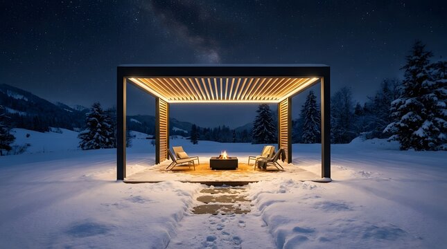 Pergola combined with recessed LED slat lighting standing within an expansive winter landscape covered in pristine snow beneath a clear night sky, luminous recessed illumination creating striking cont