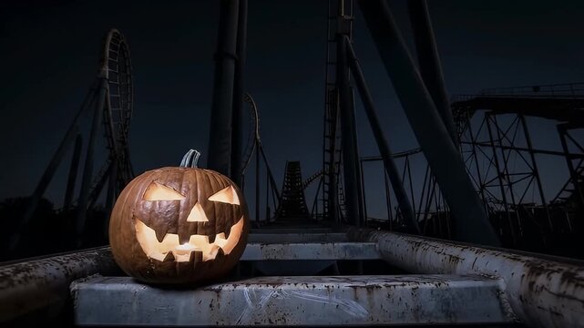 Halloween horror pumpkin glowing beside dark amusement park roller coaster night, eerie carved face, spooky industrial atmosphere, dramatic ride platform, festive seasonal celebration and haunting