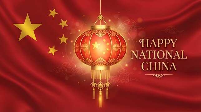 A vibrant and celebratory depiction of china's national day showcasing a radiant lantern amidst a cascade of sparkling stars and flowing red drapery