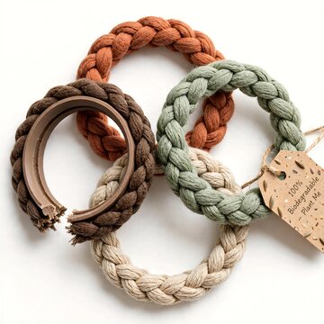 Close up of colorful braided biodegradable rope rings with a plantable seed paper tag reading 100 percent biodegradable plant me showing a broken woven band