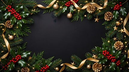 Fototapeta premium Festive christmas border made of evergreen branches pine cones and golden ribbons on a dark background
