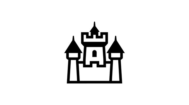 Old school castle turret silhouette vector graphic, bold black icon on solid white backdrop, clean symmetrical linework for print or branding