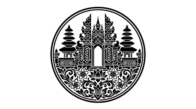Ornate Balinese temple gate cartouche design in circular format, vintage bookplate ex libris, layered floral tiers, historical architectural element, vector graphic