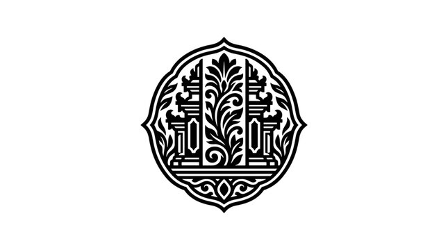 ornate Balinese cartouche with intricate tropical foliage carved in temple gate outline, set within medallion, vintage bookplate ex libris, black and white vector