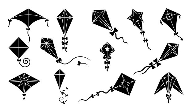 Hand Drawn Kite Collection with Diamond, Star and Geometric Shapes, Decorative Tails and Flying String Vector Illustration Set
