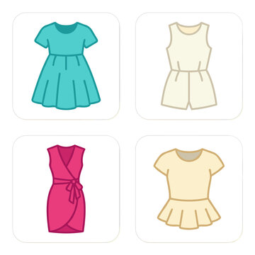 Set of four flat fashion icons on sticker sheet, turquoise babydoll dress, ivory romper, fuchsia wrap dress, cream peplum top, playful pixel art style