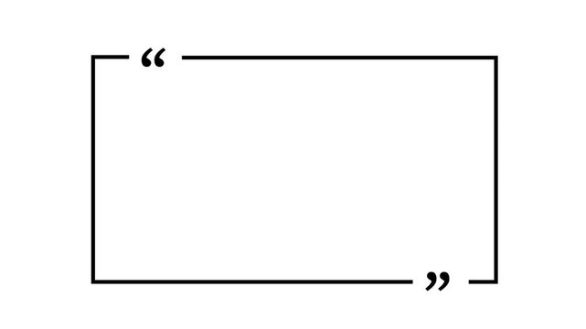 square quote box icon animation. Rectangular quote mark graphic animation. Animated square quote frame design for textual quotation, paraphrasing, or text spoken by on black background.