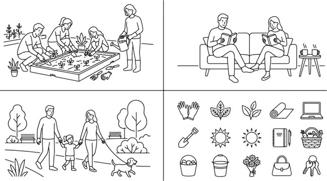Line art illustration set of family activities including gardening reading and walking in the park