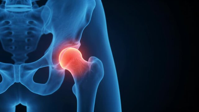 3D medical animation video showing localized pain and inflammation in the human hip joint and femoral head.