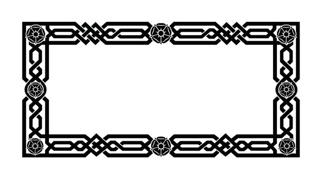Rectangular Tudor border frame with rose emblems and strapwork patterns, solid black vector artwork for cosmetic product labels or invitations