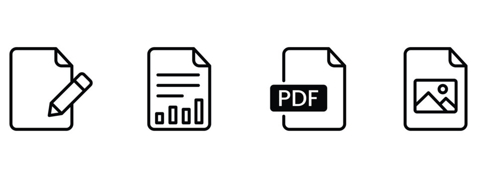 Set of document and file icons, including a blank page with a pencil, a report with text and charts, a pdf document, and an image file vector illustration