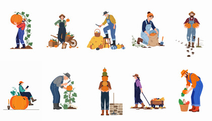 Fototapeta premium Set of diverse farmers and gardeners harvesting pumpkins and vegetables in a flat illustration style for autumn agriculture themes.