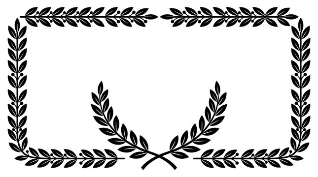 Roman laurel wreath border frame with crossing branches at base, classical victorian ornate design, vector art reference for engraving