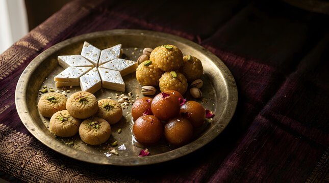 Assorted Indian sweets on a brass plate with festive decor