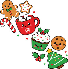 Fototapeta premium Cute kawaii christmas treats collection featuring gingerbread man hot cocoa cupcake cookie and festive holiday sweets