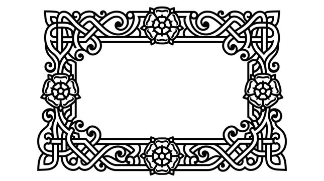 Tudor style ornamental rectangular frame with rose emblems and Celtic knot strapwork, black line art for wedding invitations
