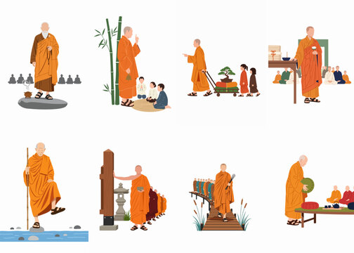 Collection of minimalist vector illustrations depicting the daily life and spiritual activities of Buddhist monks in traditional orange robes.