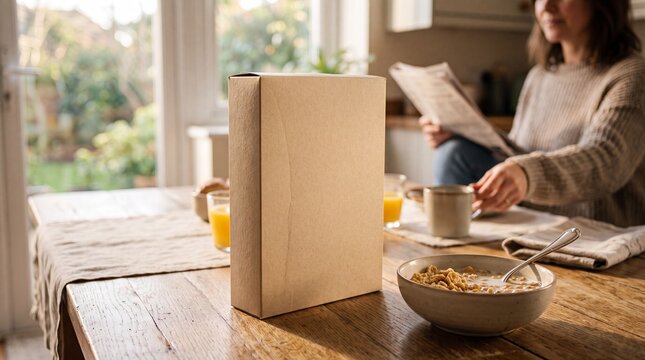 Blank Cereal Box Mockup on Breakfast Table