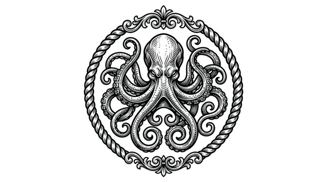 Vintage kraken emblem with swirling tentacles framed by rope and scrollwork in monochrome woodcut style