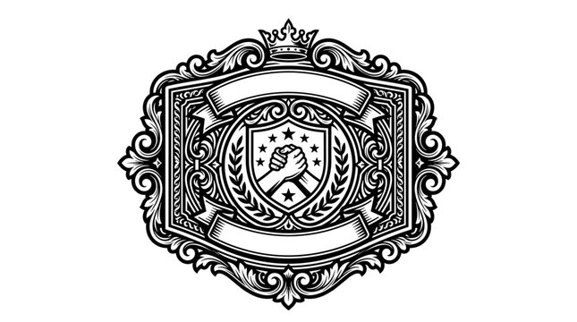 Vintage wrestling championship belt frame vector artwork, black ink linework, emblem design, sports award decoration