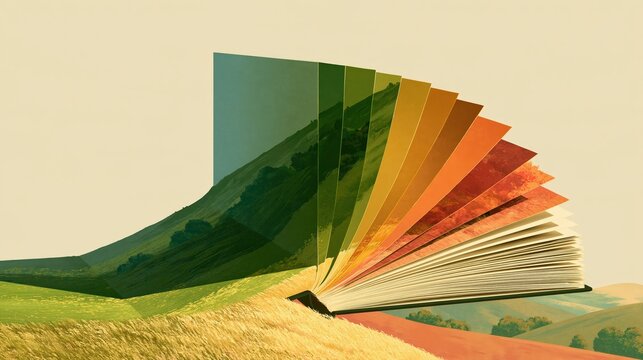 Minimal flat vector illustration of a flipbook held open mid flick as its pages become hills with a clean minimal layout and generous copy space