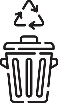 Recycle bin icon with waste management symbol, black line art trash can vector, environmental conservation and garbage disposal graphic