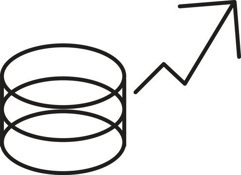 Minimalist database icon with rising arrow, data growth and analytics vector, black line art server storage symbol