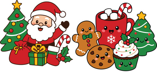 Fototapeta premium Cute cartoon santa claus waving hand with christmas tree gift box and presents on white background