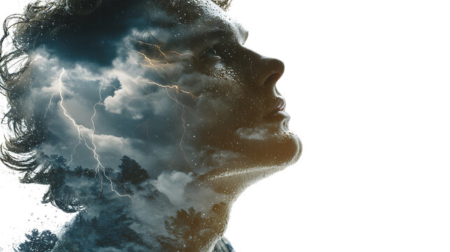 Surreal double exposure portrait of a woman merged with storm clouds, lightning and forest, symbolizing mental health, anxiety, emotional turmoil, inner conflict, stress and healing