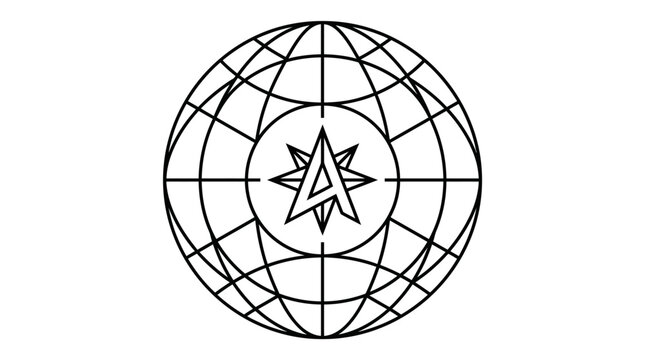 Minimalist black and white line art illustration of a globe with a star symbol in the center.