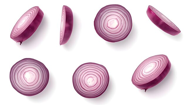 Fresh sliced red onions isolated on white background with vibrant colors and crisp texture for culinary and food preparation use