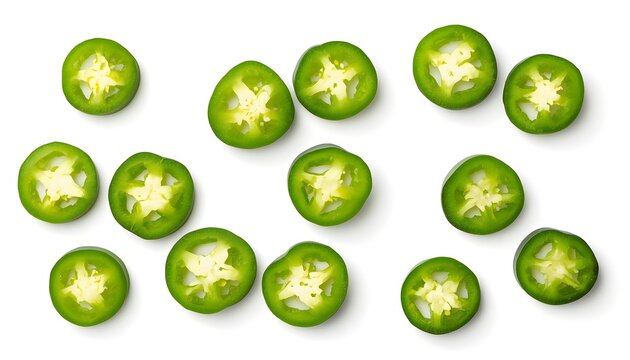 Fresh sliced green jalape&ntilde;o peppers isolated on white background with seeds visible for spicy food recipes and culinary use