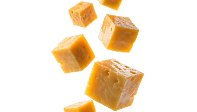 Close-up view of floating cheddar cheese cubes isolated on white background perfect for food and cooking concepts