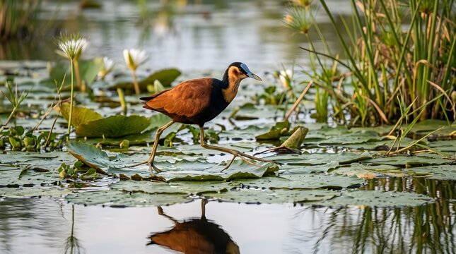 African Jacana Walking on Lily Pads